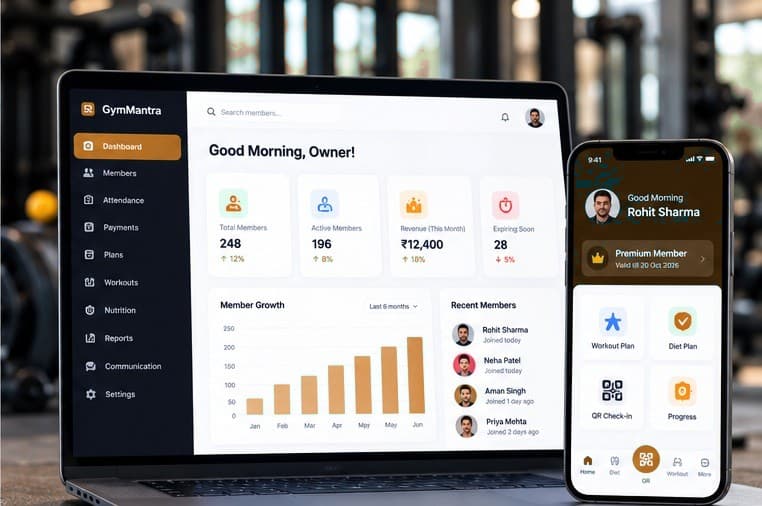 GymMantra owner dashboard on a laptop and the member app on a phone